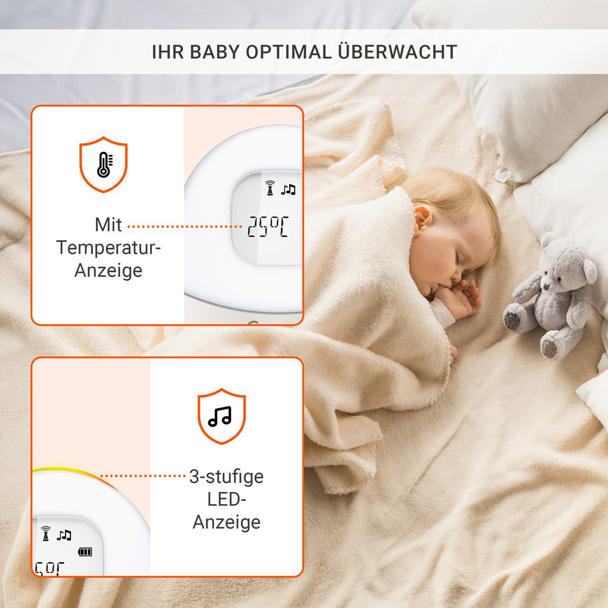 Audio-Babyphone mit Temparaturazeige und 3-stufiger Geräuschpegelanzeigeeite