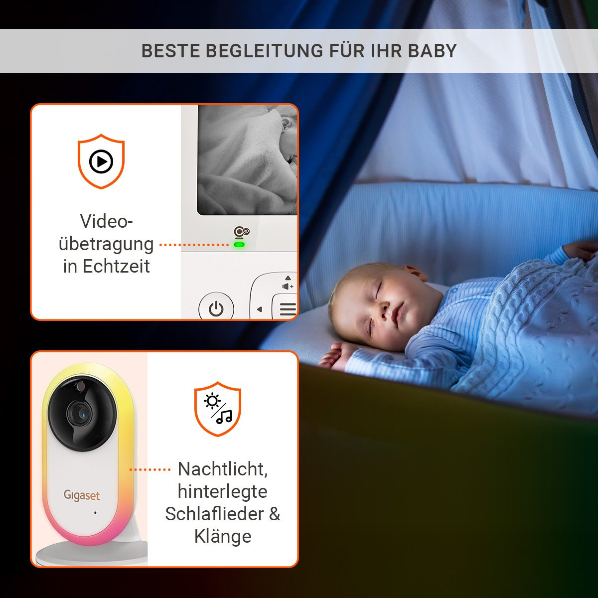 Video-Babyphone mit Videoübertragung in Echtzeit, Nachtlicht, Schlafliedern und Klängen