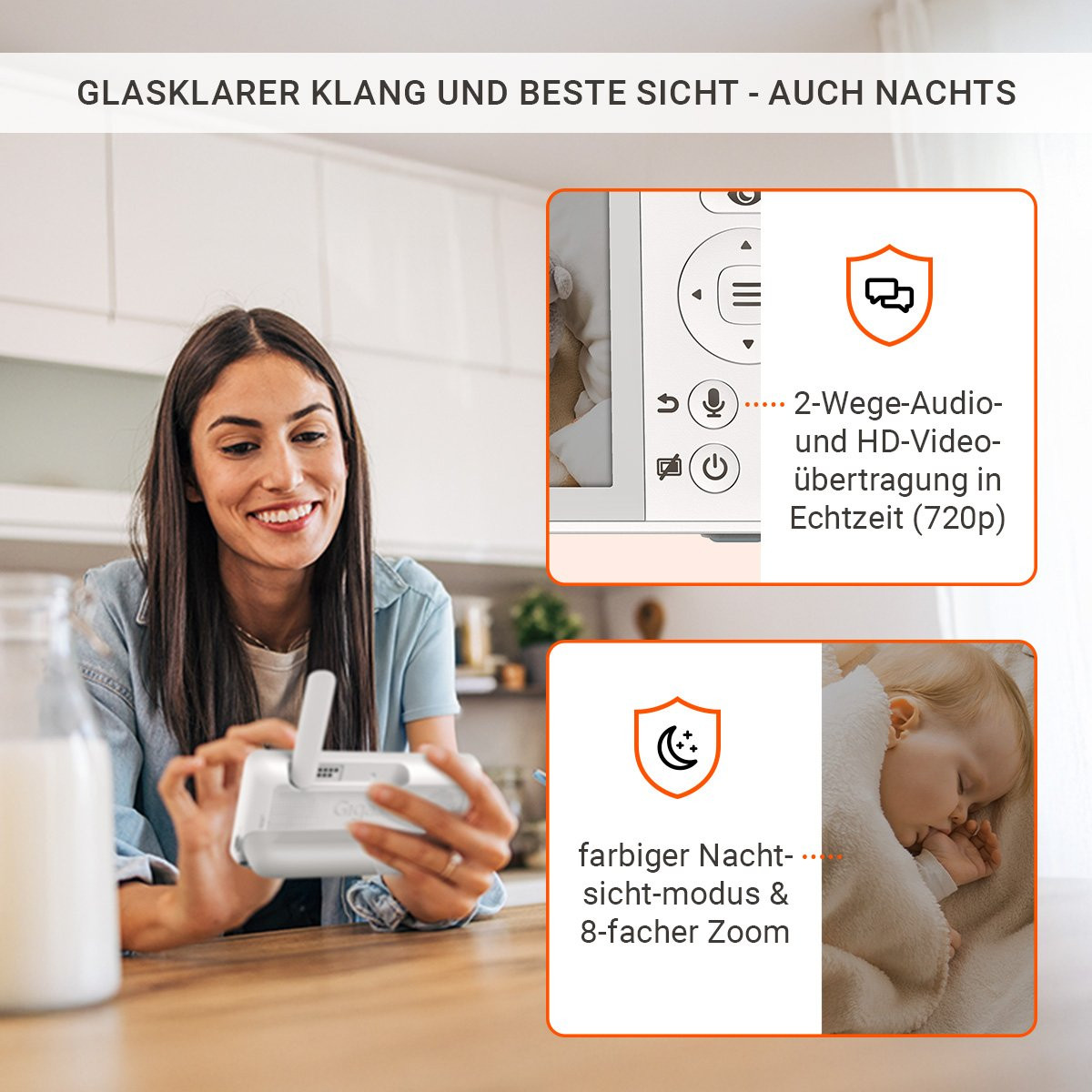 Gigaset BABY 500 Video mit HD-Videoübertragung in Echtzeit (720p), Zwei-Wege-Audioübertragung, farbigem Nachtsichtmodus und 8x Zoom