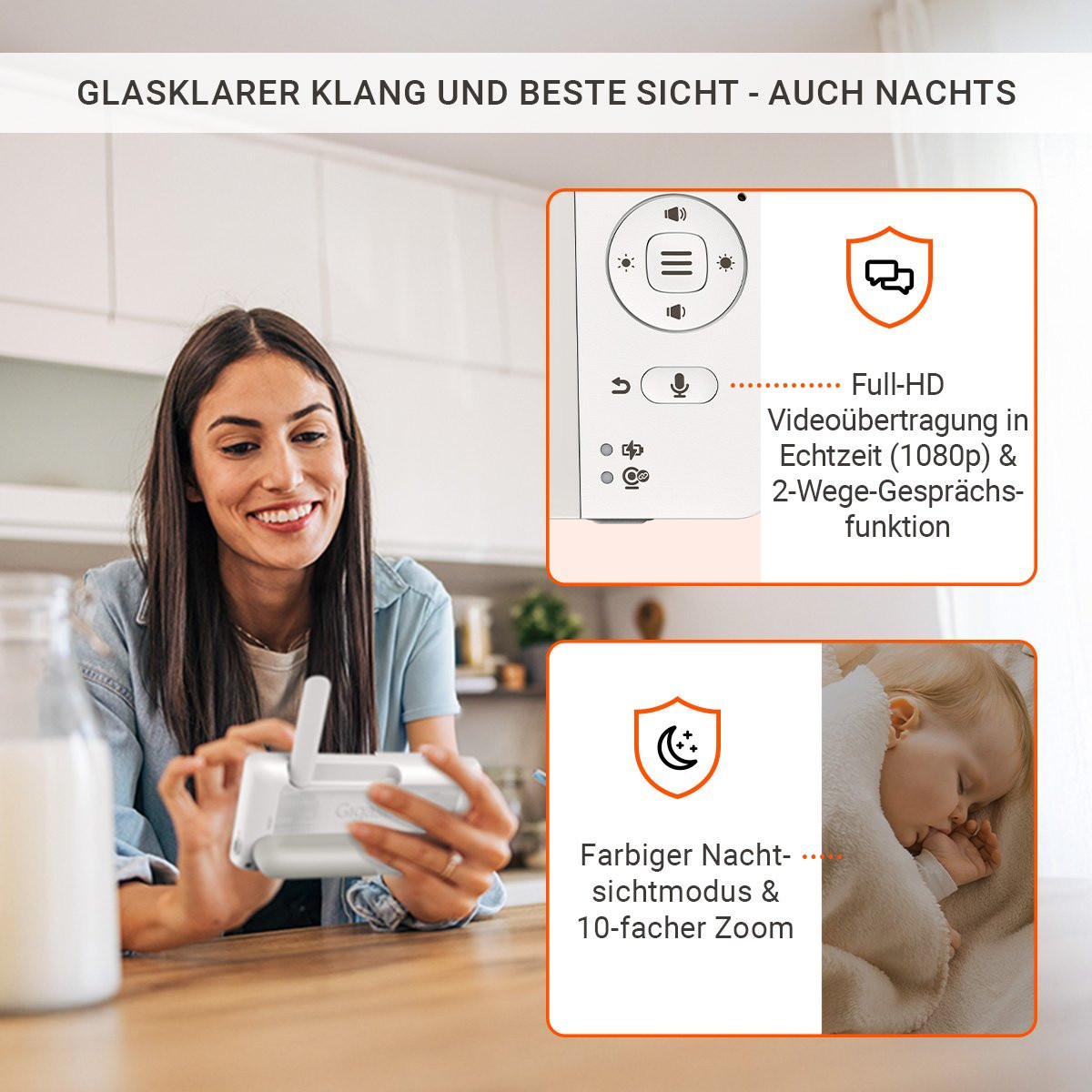 Full-HD Videoübertragung in Echtzeit, Zwei-Wege-Gesprächsfunktion, farbiger Nachtsichtmodus, 8x Zoom (10x in der App)