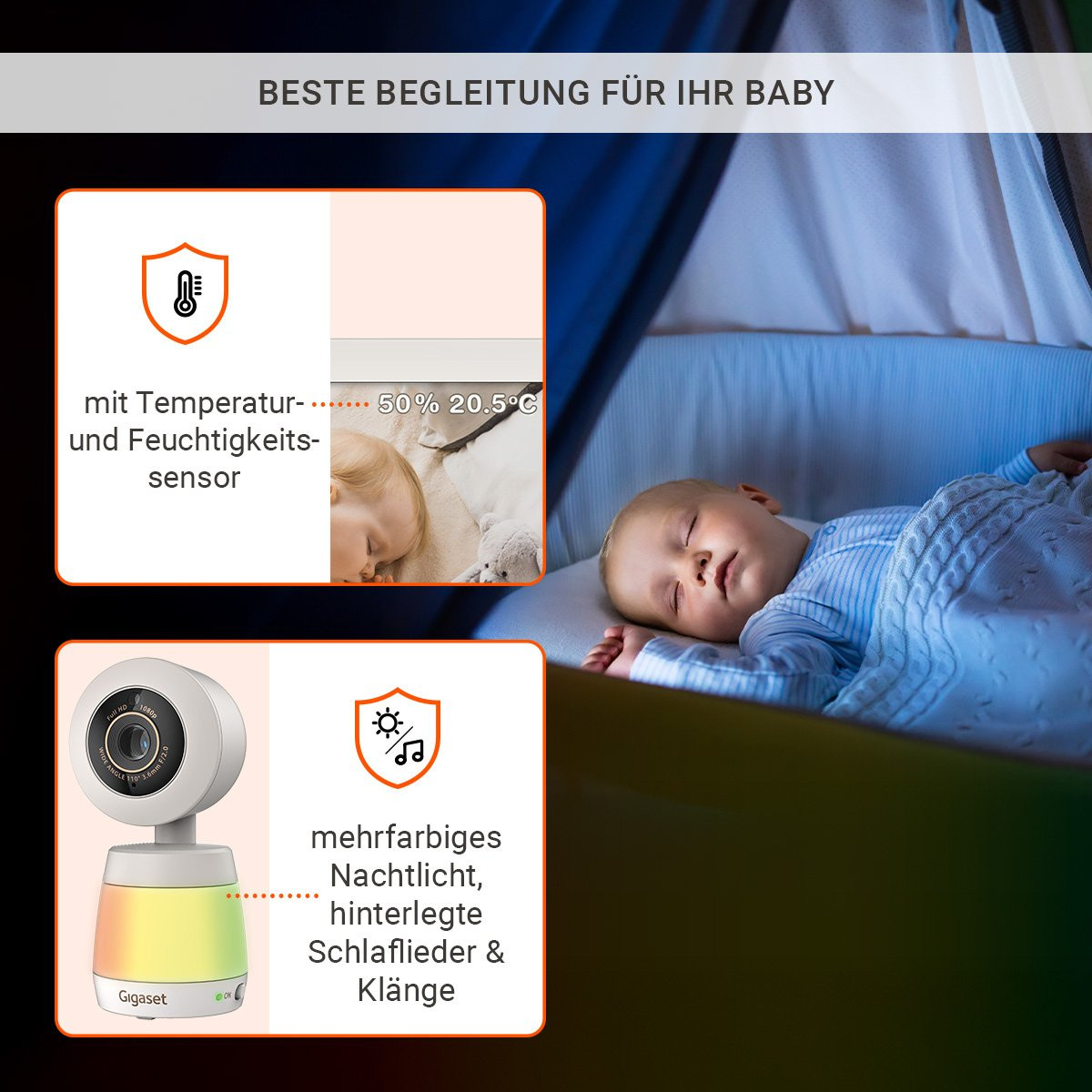 Temperatur- und Feuchtigkeitssensor, mehrfarbiges Nachtlicht, Schlaflieder und Klänge