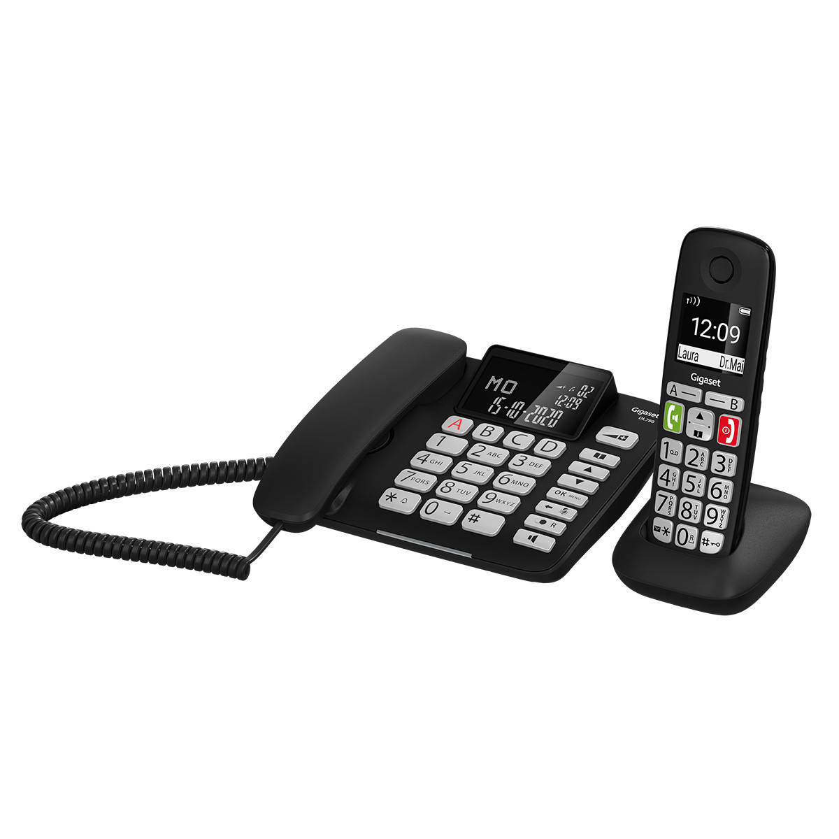 Schnurgebundenes & schnurloses Telefon Gigaset DL780 Plus Schnurloses DECT-Telefon für Senioren zum Anschluss an vorhandene DECT-Basis schwarz & E290HX Schwarz Mobilteil mit Ladeschale 